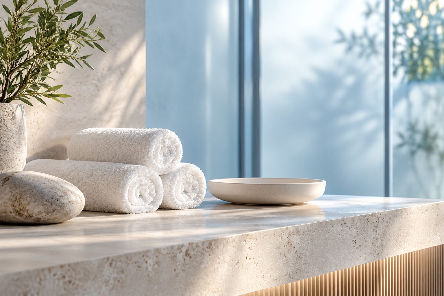 Illustrative care setting with folded towels and a ceramic tray