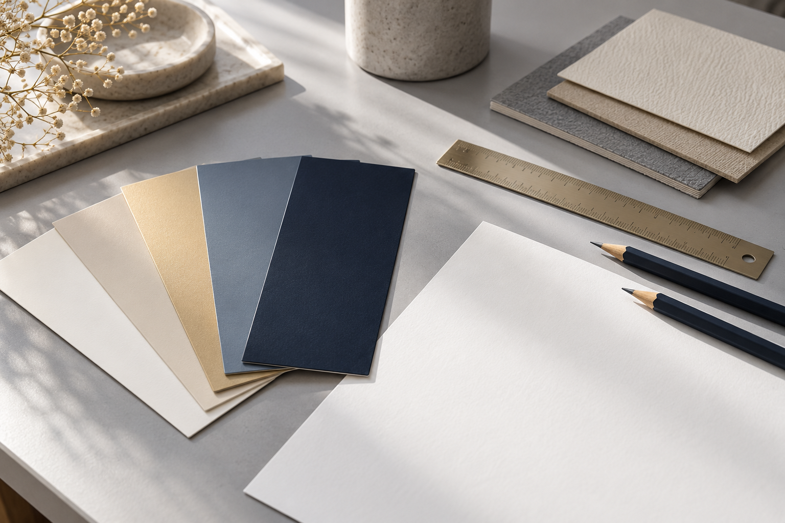 Illustrative packaging design workspace with paper and neutral, gold and navy color swatches