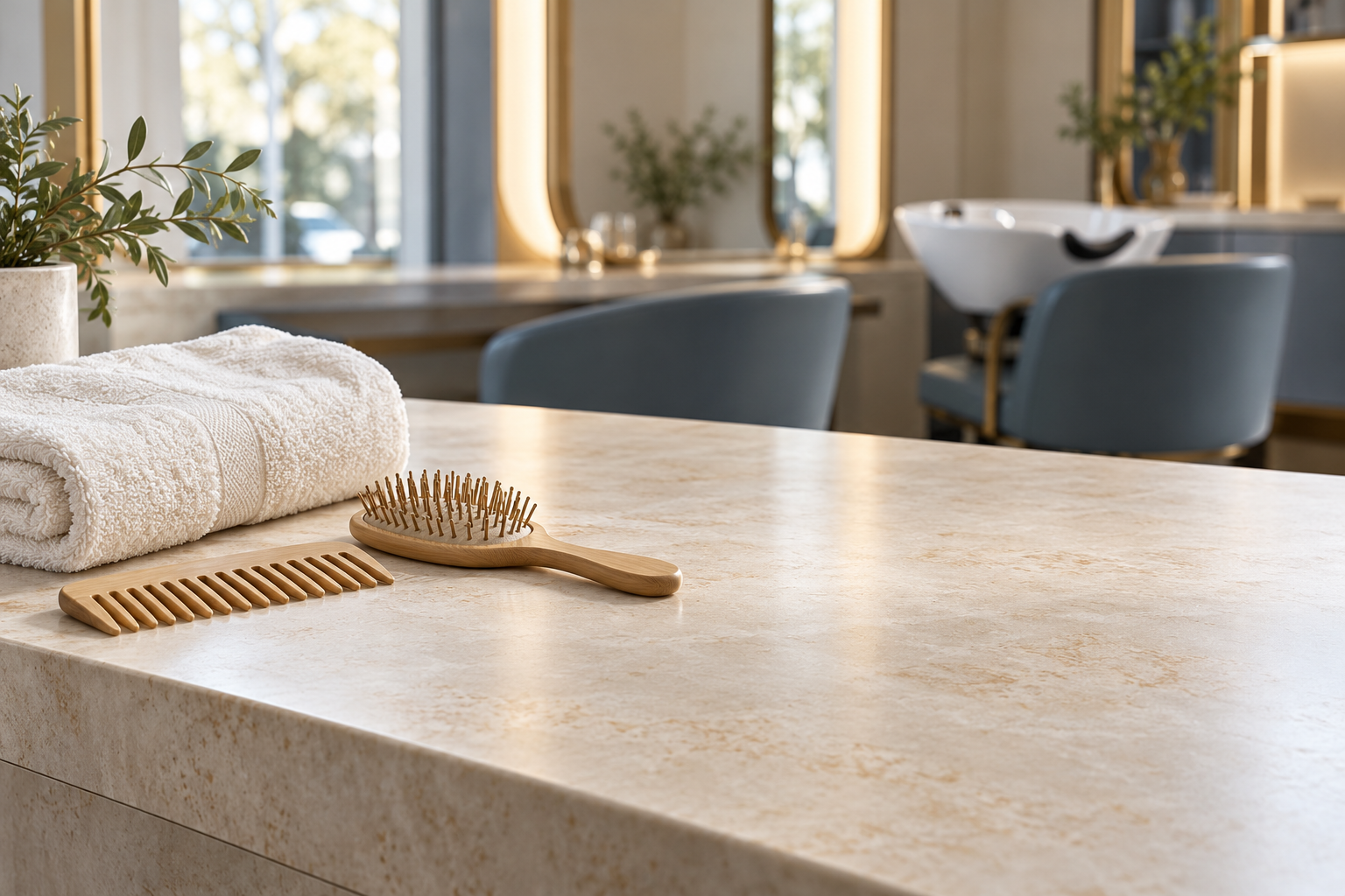Illustrative salon countertop with a towel, comb and brush